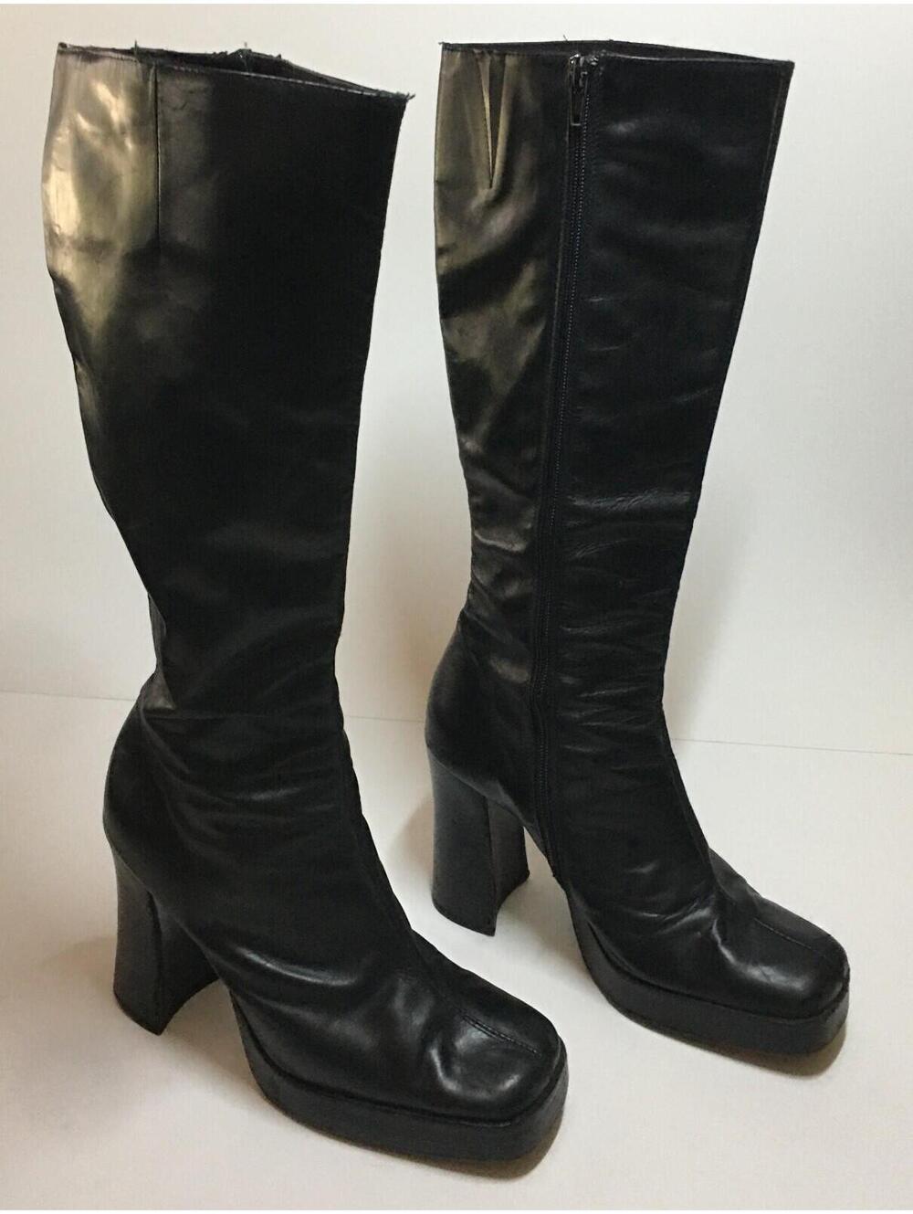 Y2K 90's Charles David Vtg Chunky Heel Platform Black Leather Tall Boots 7.5 / 8